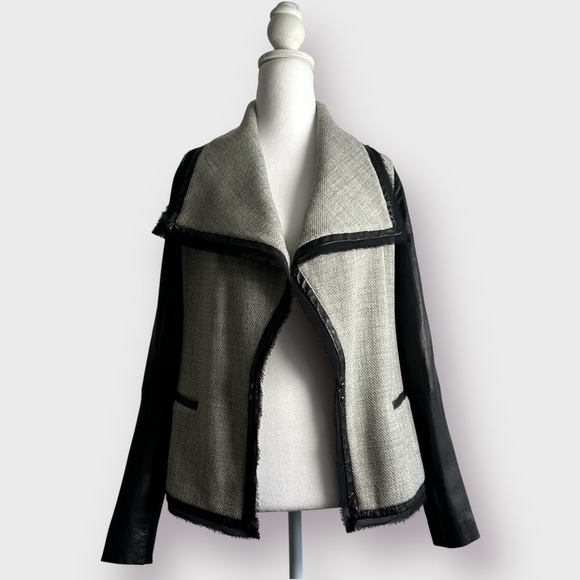 VINCE Womens Blazer Size 2 Heather Gray Black Leather Sleeves Shawl Collar NWOT - Picture 4 of 16